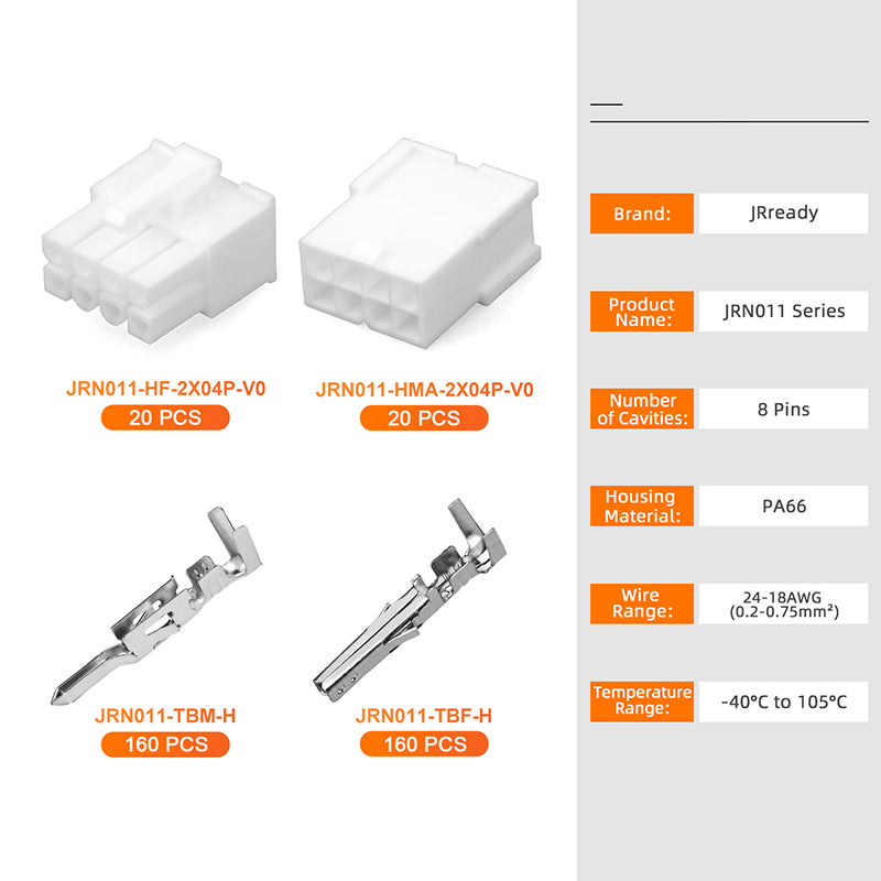 JRready JRN011 8 Pin Molex 4.2 Pitch Mini-Fit Jr Connector 5557 Series Power Connector Receptacle Housing Plug Automotive Electrical Crimp Terminals 18-24AWG Connectors(20 sets）
