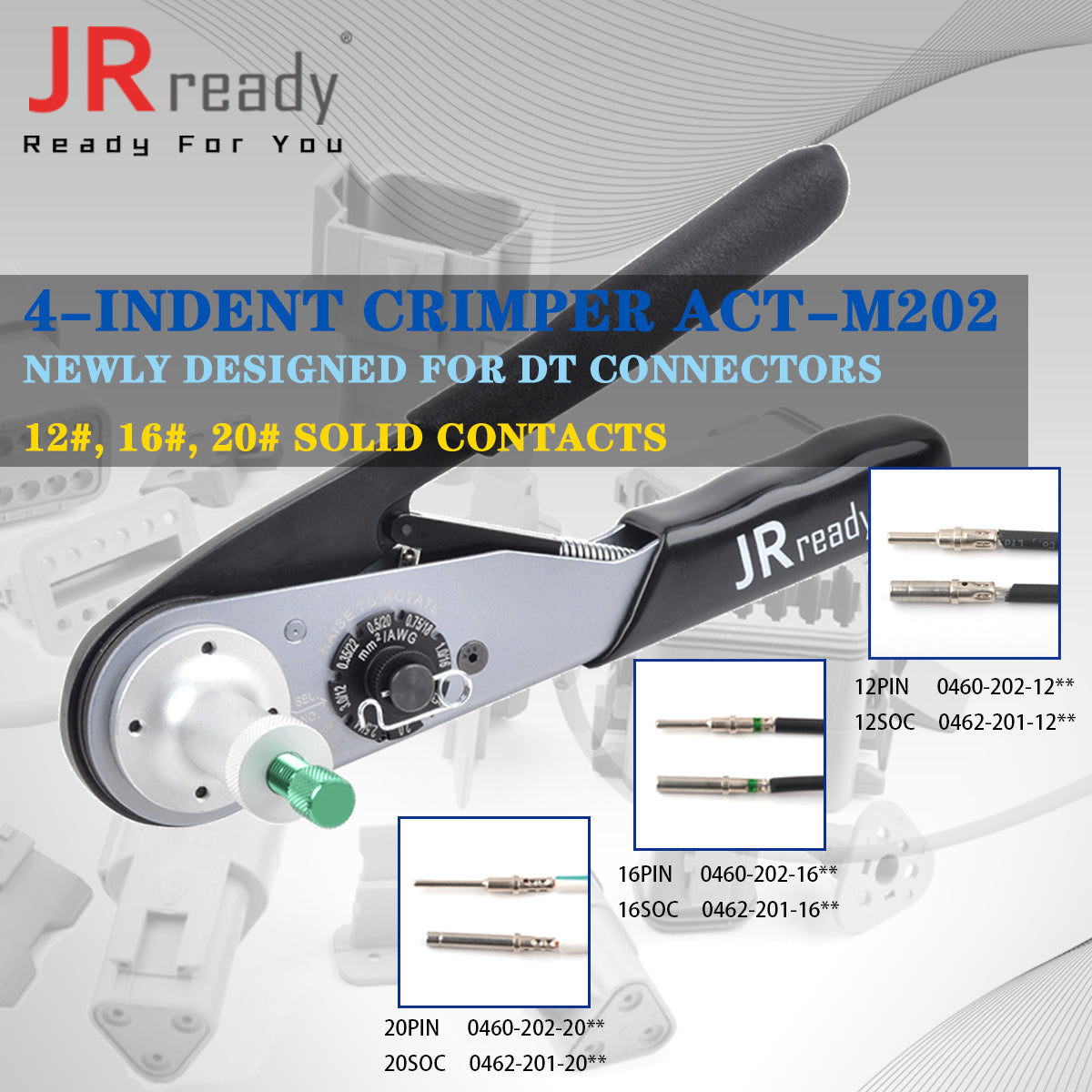 crimper for solid contacts 12, 16, 20# for DT, DTM, DTP connectors.