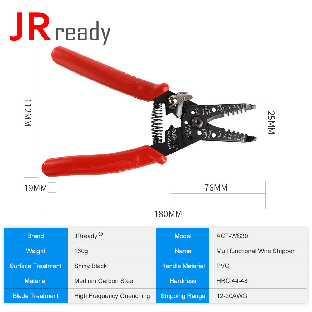 JRready ACT-WS30 Multifunctional Precision Wire Strippers Crimper Cutter, Strip Wire Solid 10-18 AWG, Stranded 12-20 AWG,Crimp 8-16 AWG Terminal, Cut Steel Wire