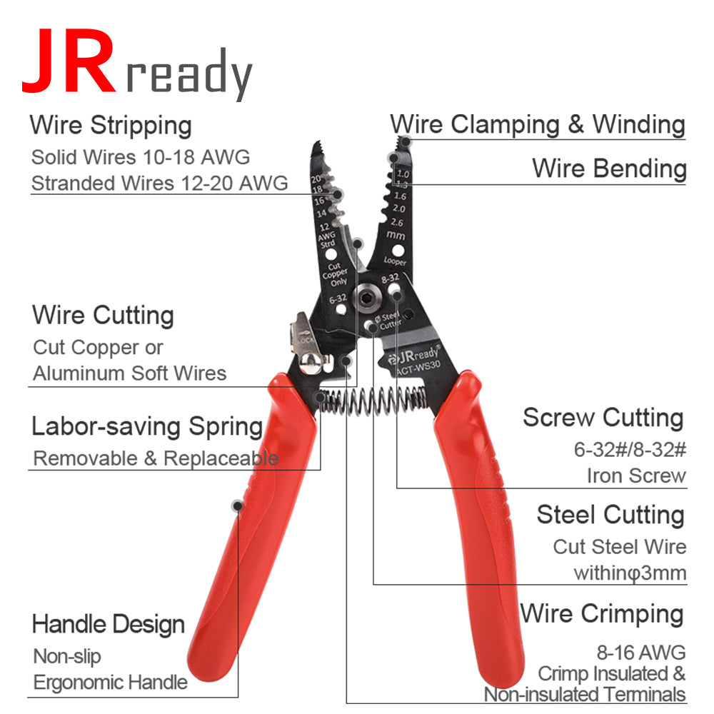 JRready ACT-WS30 Multifunctional Precision Wire Strippers Crimper Cutter, Strip Wire Solid 10-18 AWG, Stranded 12-20 AWG,Crimp 8-16 AWG Terminal, Cut Steel Wire