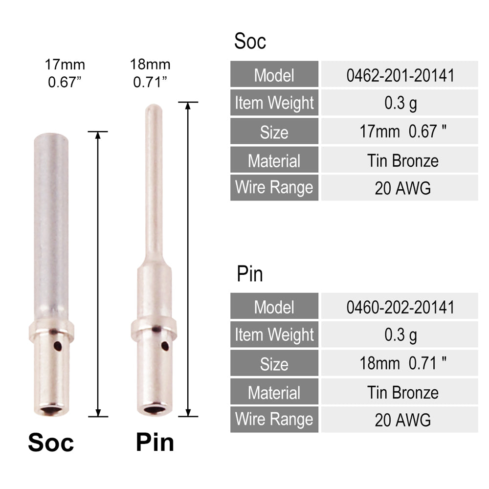 JRready ST6282 DTM Connector Deutsch Contact Size 20 Deutsch Closed Barrel Pins Sockets Kit, Male Pins 0460-202-20141 Deutsch DTM Solid Pins/Female Sockets 0462-201-20141, Wire Gauge 20-22 AWG(DTM 20# Deutsch Pins 120Pairs)