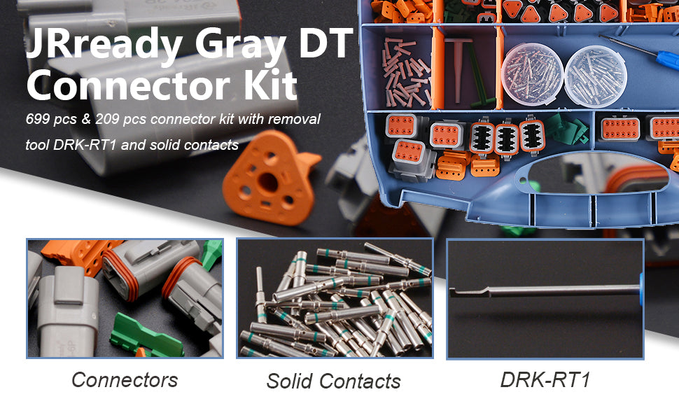 JRready ST6234 699 PCS DT Connector Kit, 2 3 4 6 8 12 Pin Waterproof Electric Connectors for Wiring, Solid Contacts Pick Removal Tool for Automotive Repairing Equivalent to Deutsch Connectors
