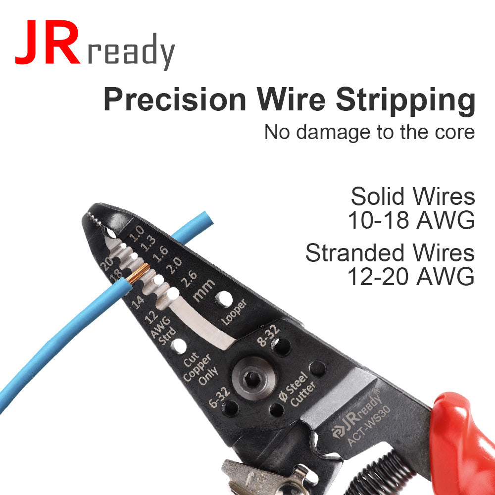 JRready ACT-WS30 Multifunctional Precision Wire Strippers Crimper Cutter, Strip Wire Solid 10-18 AWG, Stranded 12-20 AWG,Crimp 8-16 AWG Terminal, Cut Steel Wire