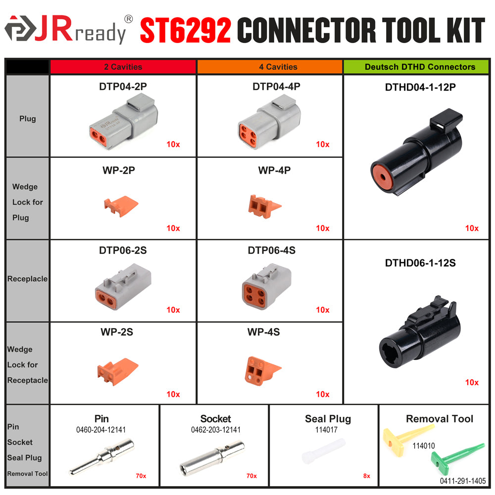 JRready ST6292 DTP Connector Kit 2 4 Pin & DTHD 1 Pin Automotive Quick Wire Connectors, Size 12 Solid Contacts, 12-14AWG, 25A 14 Gauge Wire Connectors