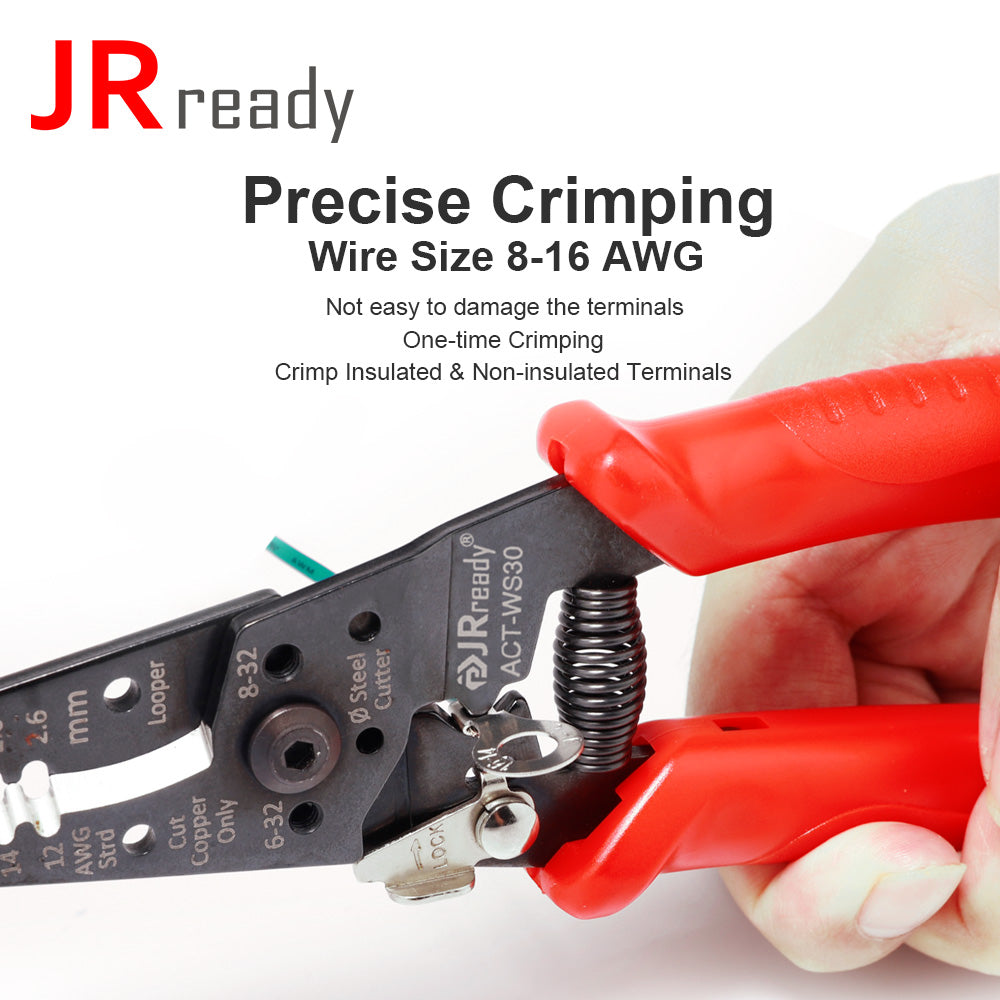 JRready ACT-WS30 Multifunctional Precision Wire Strippers Crimper Cutter, Strip Wire Solid 10-18 AWG, Stranded 12-20 AWG,Crimp 8-16 AWG Terminal, Cut Steel Wire