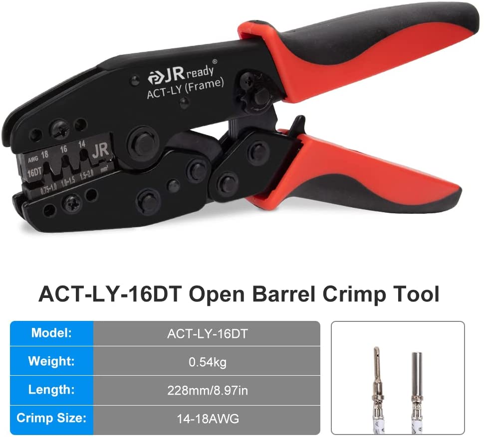 JRready ACT-LY-12DTP / ACT-LY-16DT / ACT-LY-20DTM Open Barrel Terminal Crimper, Ratcheting Crimper for JRready / Deutsch DTP DT DTM Series 12#, 16#, 20# Stamped Formed Contacts