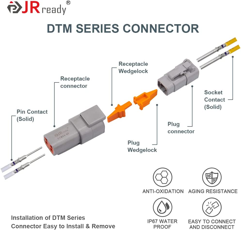 JRready ST6332 414-teiliges Deutsch DTM-Steckverbinderset mit 2, 3, 4, 6, 8 und 12 Pins, grau, wasserdicht, DTM-Steckverbinder, Größe 20, massive Kontakte