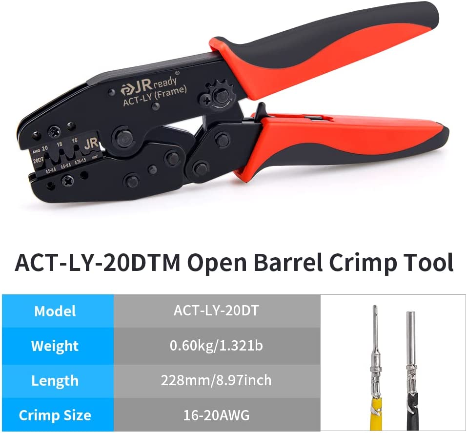 JRready ACT-LY-12DTP / ACT-LY-16DT / ACT-LY-20DTM Open Barrel Terminal Crimper, Ratcheting Crimper for JRready / Deutsch DTP DT DTM Series 12#, 16#, 20# Stamped Formed Contacts