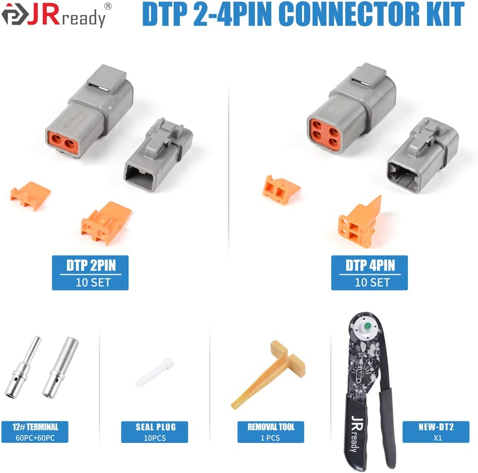 JRready ST6336 202pcs Deutsch DTP Connector Kit: 2 Pin 4 Pin IP67 Waterproof Electrical Connectors,With Size 12 Solid Contacts & NEW-DT2 Deutsch Crimper