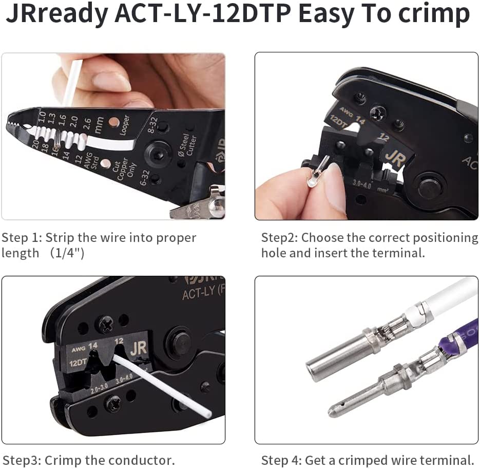 JRready ACT-LY-12DTP / ACT-LY-16DT / ACT-LY-20DTM Open Barrel Terminal Crimper, Ratcheting Crimper for JRready / Deutsch DTP DT DTM Series 12#, 16#, 20# Stamped Formed Contacts