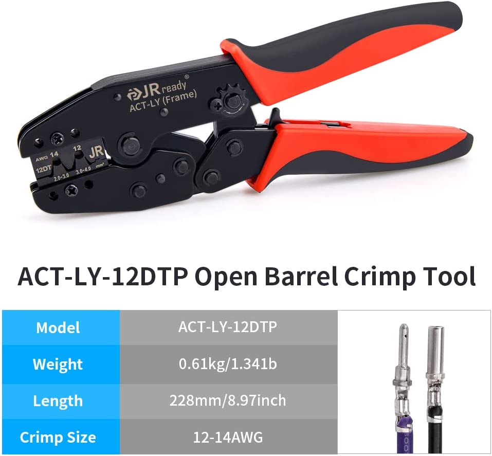 JRready ACT-LY-12DTP / ACT-LY-16DT / ACT-LY-20DTM Open Barrel Terminal Crimper, Ratcheting Crimper for JRready / Deutsch DTP DT DTM Series 12#, 16#, 20# Stamped Formed Contacts