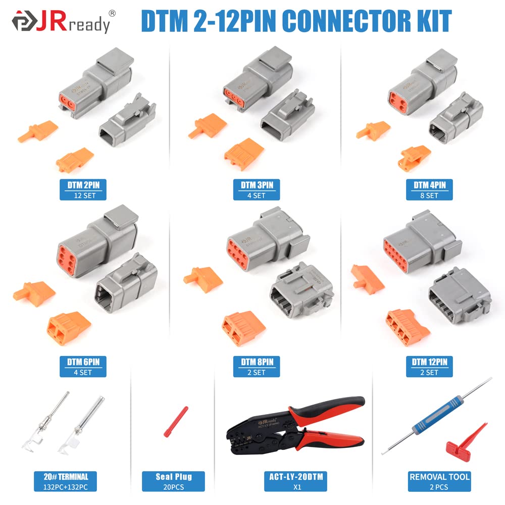 JRready ST6331-20DT Kit di connettori Deutsch DTM da 415 pezzi, connettori impermeabili da 2, 3, 4, 6, 8 e 12 pin, strumento di crimpatura Deutsch ACT-LY-20DTM, contatti stampati di misura 20 (16-22 AWG)