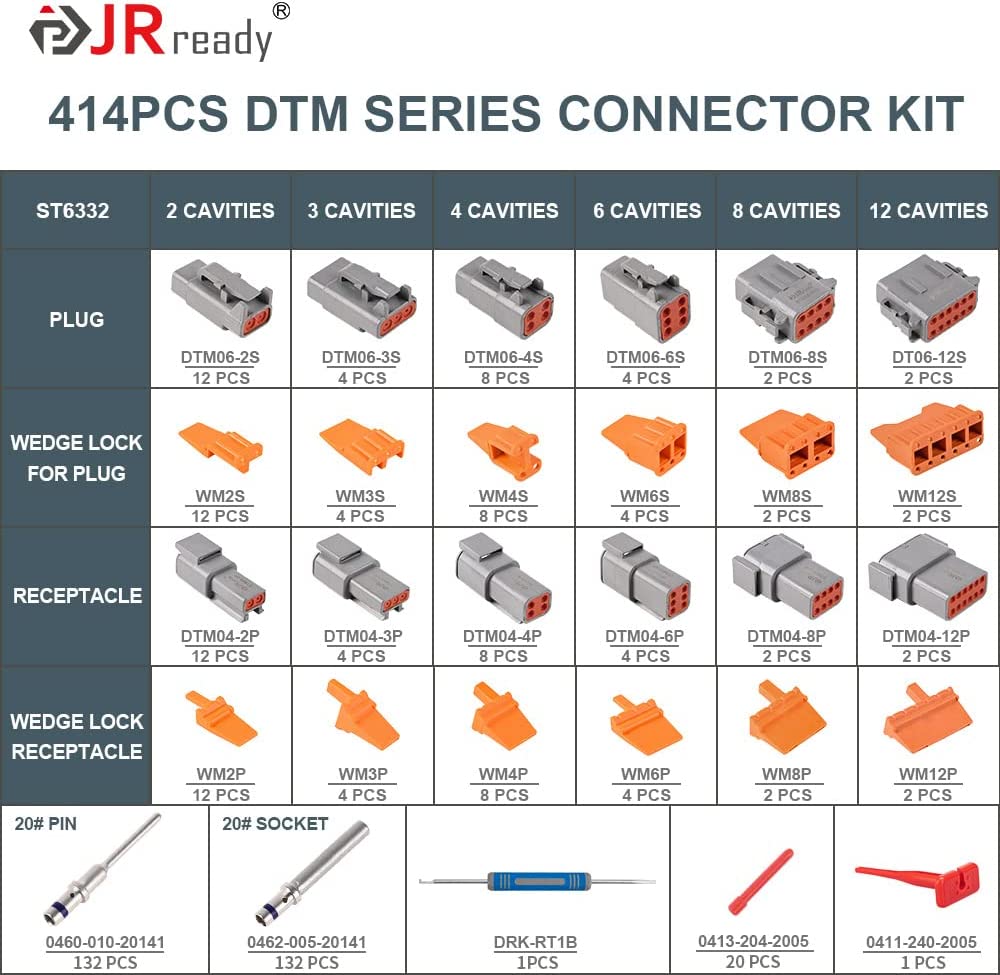 JRready ST6332 414-teiliges Deutsch DTM-Steckverbinderset mit 2, 3, 4, 6, 8 und 12 Pins, grau, wasserdicht, DTM-Steckverbinder, Größe 20, massive Kontakte