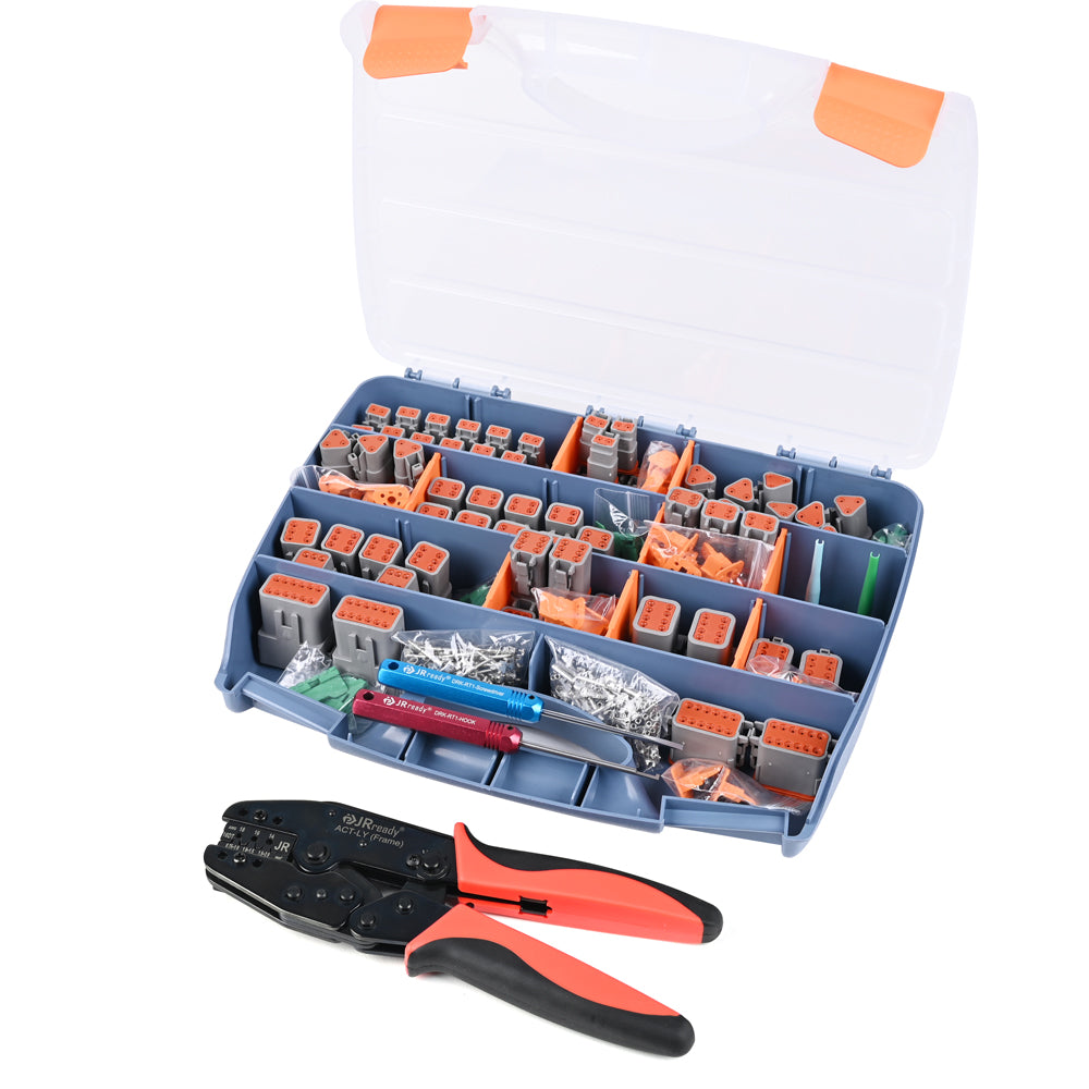 Kit connettore DT Deutsch JRready ST6303 da 521 pezzi con crimpatrice Deutsch ACT-LY-16DT, connettore 2-12 pin con contatti stampati misura 16 e strumento di rimozione del connettore DT