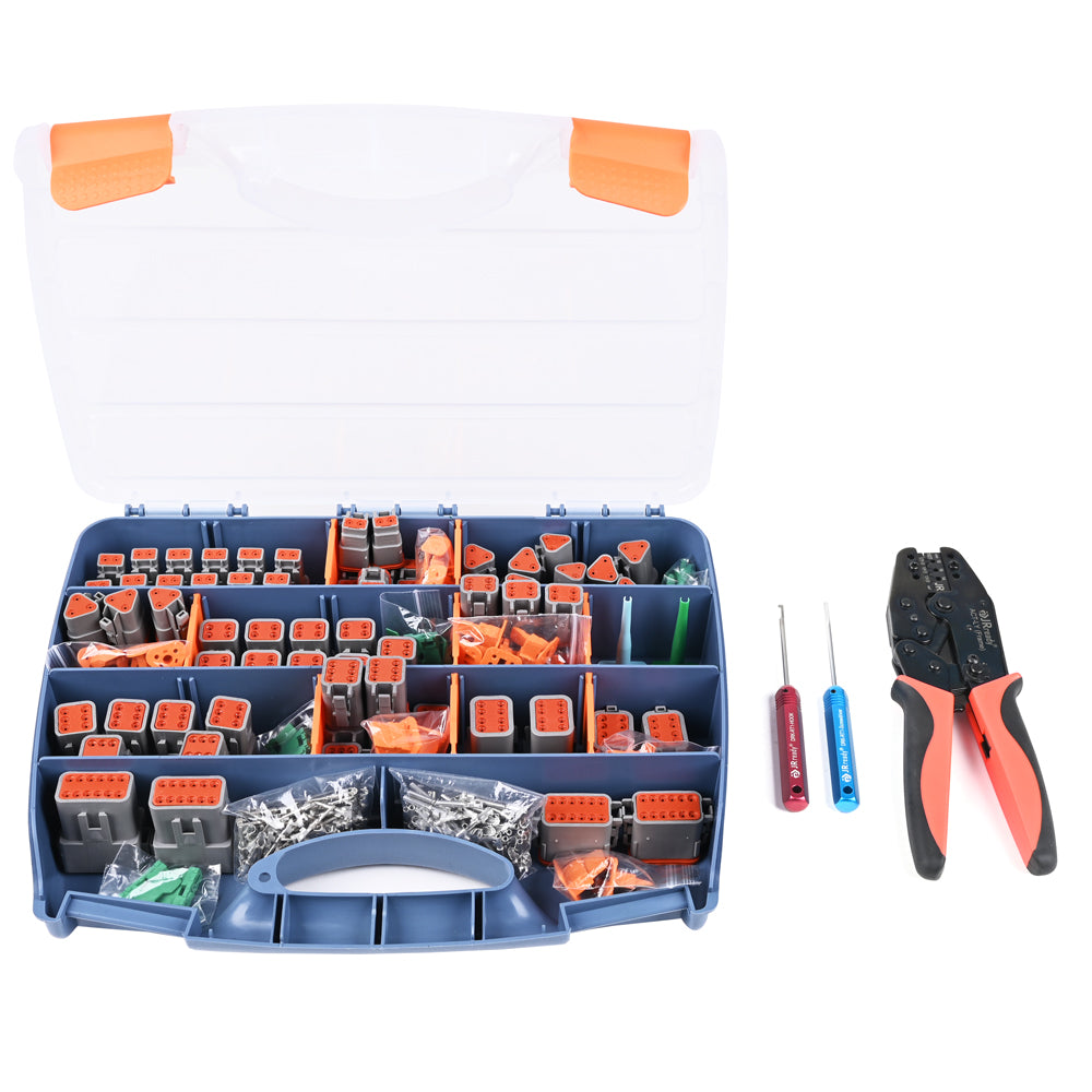 Kit connettore DT Deutsch JRready ST6303 da 521 pezzi con crimpatrice Deutsch ACT-LY-16DT, connettore 2-12 pin con contatti stampati misura 16 e strumento di rimozione del connettore DT