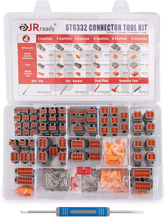 JRready ST6332 414PCS Deutsch DTM Connector Kit in 2, 3, 4, 6, 8, 12 Pin Gray Waterproof DTM Wire Connectors, Size 20 Solid Contacts Wire