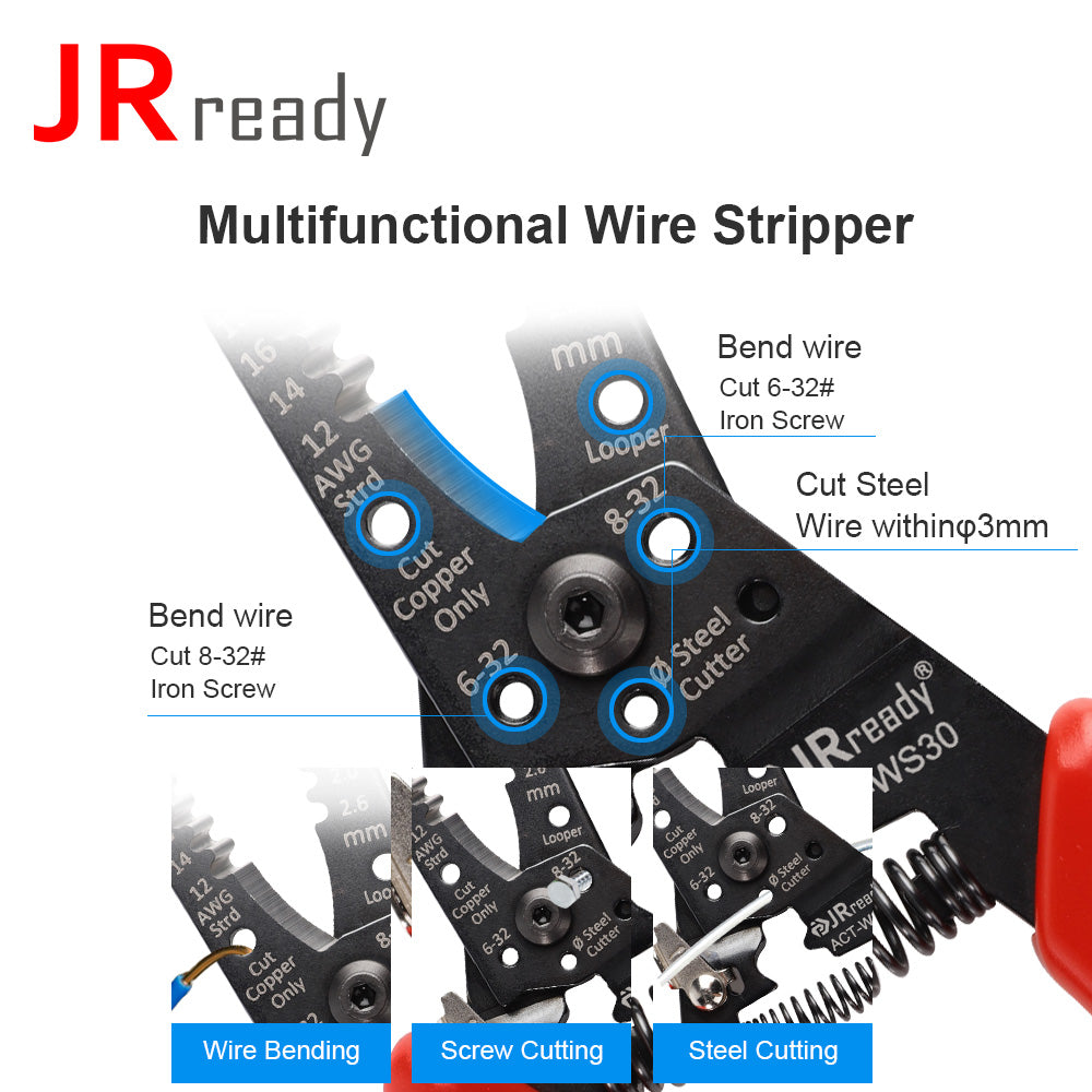 JRready ACT-WS30 Multifunctional Precision Wire Strippers Crimper Cutter, Strip Wire Solid 10-18 AWG, Stranded 12-20 AWG,Crimp 8-16 AWG Terminal, Cut Steel Wire