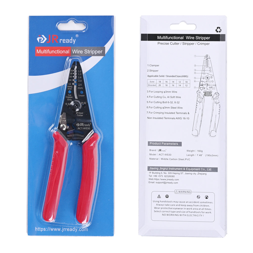 JRready ACT-WS30 Multifunctional Precision Wire Strippers Crimper Cutter, Strip Wire Solid 10-18 AWG, Stranded 12-20 AWG,Crimp 8-16 AWG Terminal, Cut Steel Wire