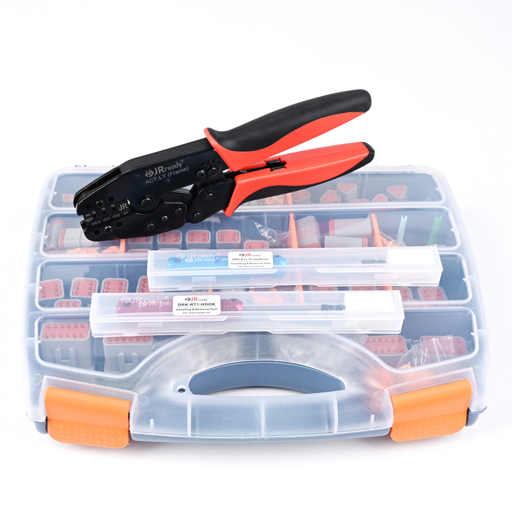 Kit connettore DT Deutsch JRready ST6303 da 521 pezzi con crimpatrice Deutsch ACT-LY-16DT, connettore 2-12 pin con contatti stampati misura 16 e strumento di rimozione del connettore DT
