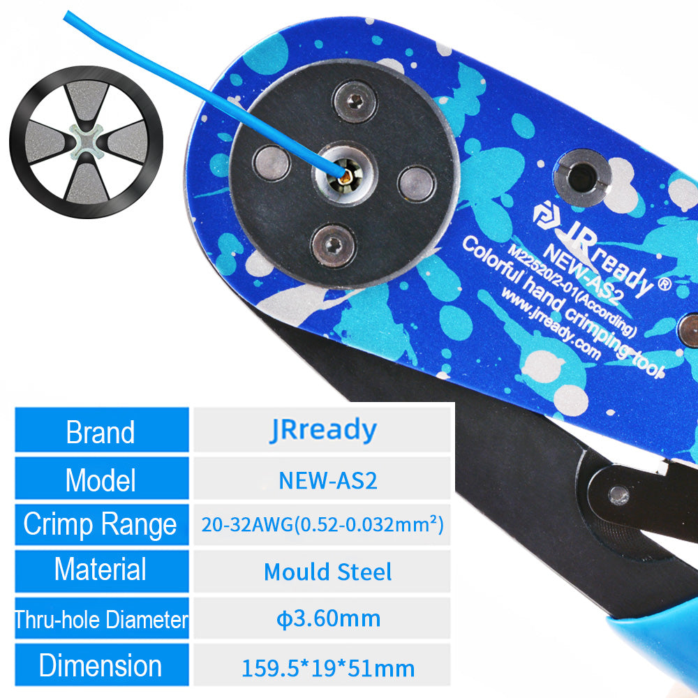 JRready ST2060-AS2: NEW-AS2 (Small 615717 M22520/2-01) Crimp Tool + 7 M22520/2 Positioners & Universal Positioner + G125 M22520/3-1 Gage 20-32AWG Wire Crimper Tool